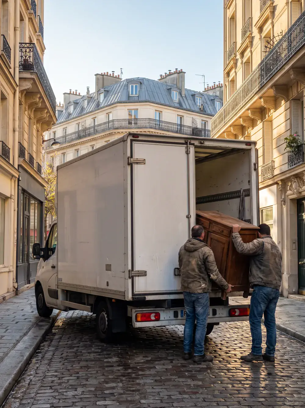 Camion de débarras en chargement dans une rue parisienne aux façades haussmanniennes