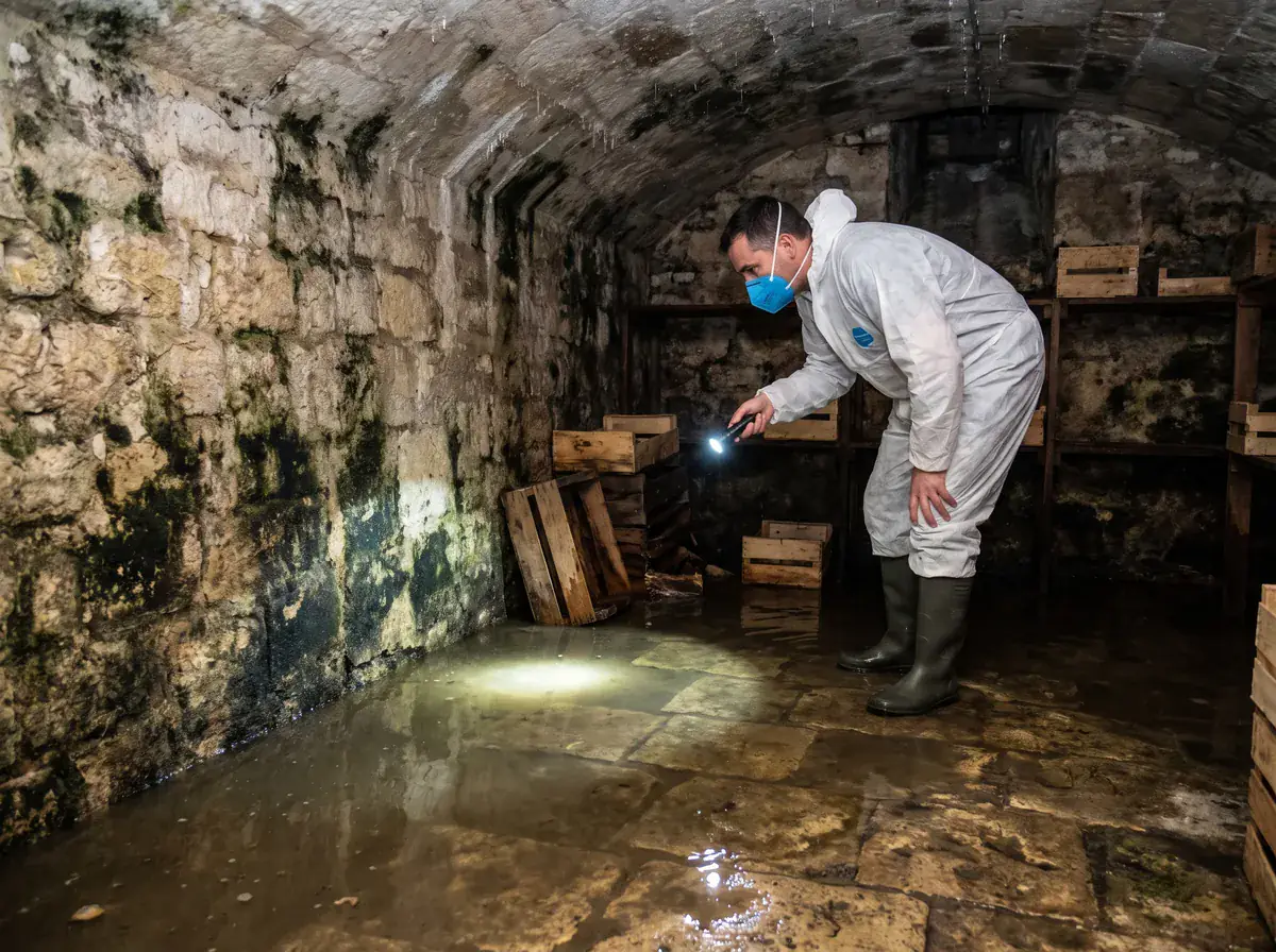 Technicien en combinaison de protection dans une cave humide inondée à Paris