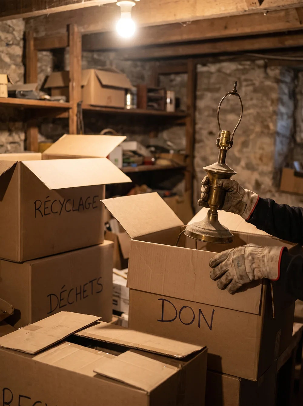 Tri des objets d'une cave dans des cartons étiquetés don, recyclage et déchets